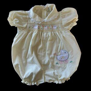 Vintage Baby Carriage Embroidered Smocked Pastel Yellow Romper 3-6 Months